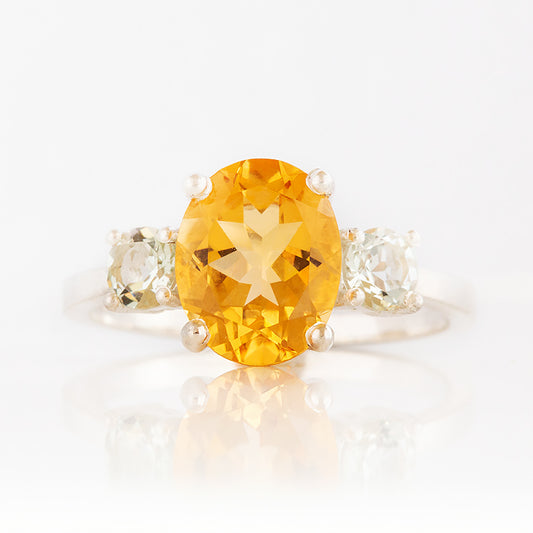Oval cut Citrine and Prasiolite Trilogy Ring - Victoria's Jewellery