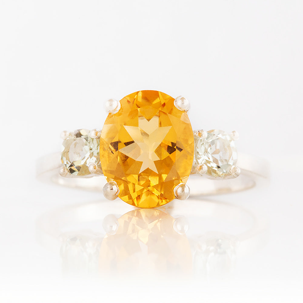 Hallie, a Citrine and Prasiolite Trilogy Ring