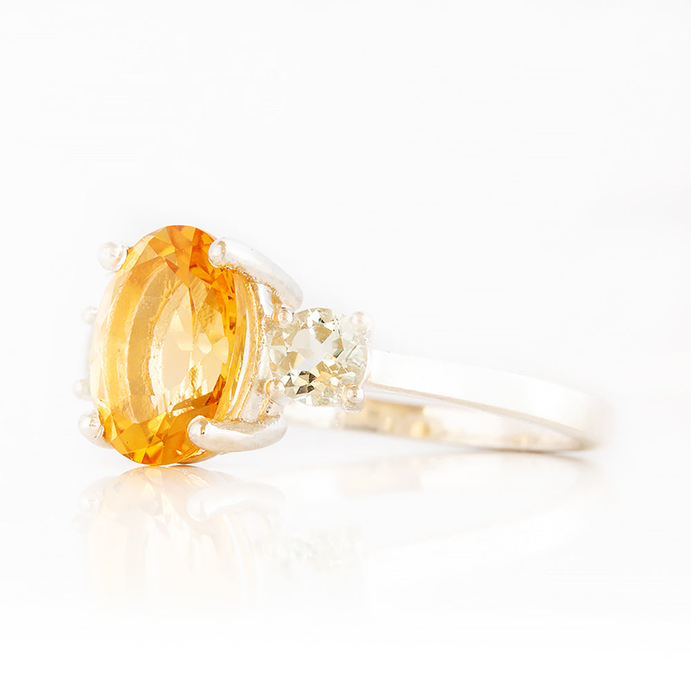 Hallie, a Citrine and Prasiolite Trilogy Ring