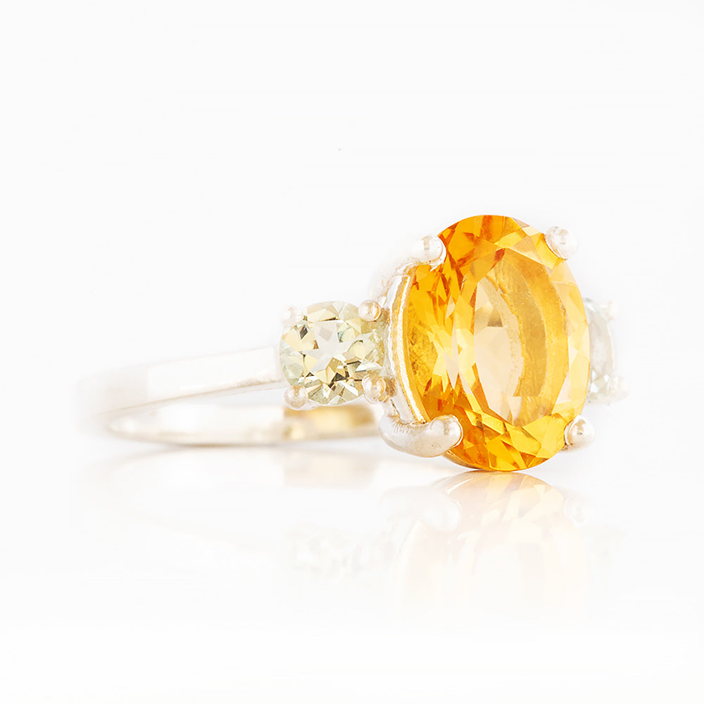 Hallie, a Citrine and Prasiolite Trilogy Ring