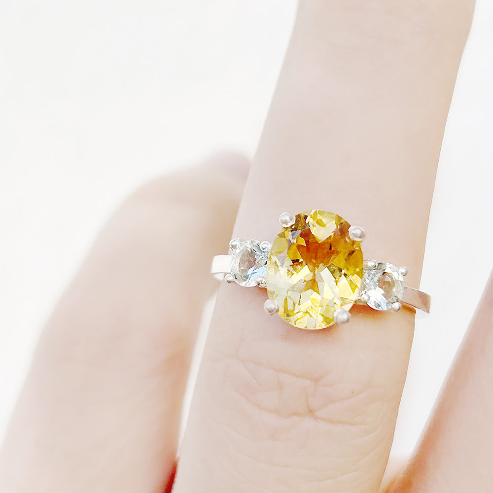 Hallie, a Citrine and Prasiolite Trilogy Ring