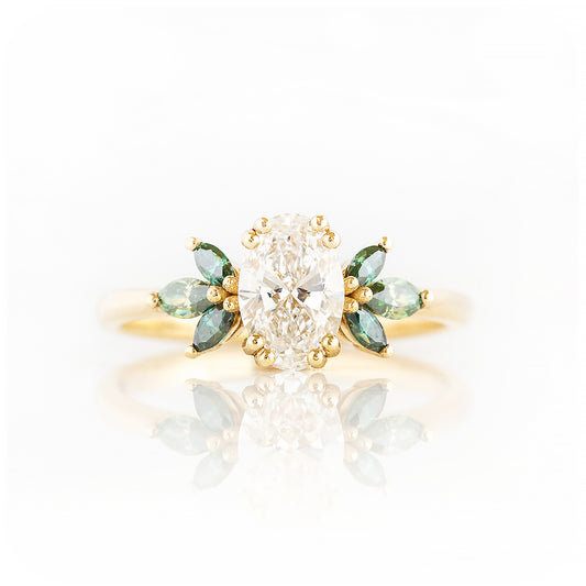 Oval cut Lab Diamond and Marquise cut Green Moissanite nature inspired Engagement Ring - Victoria's Jewellery