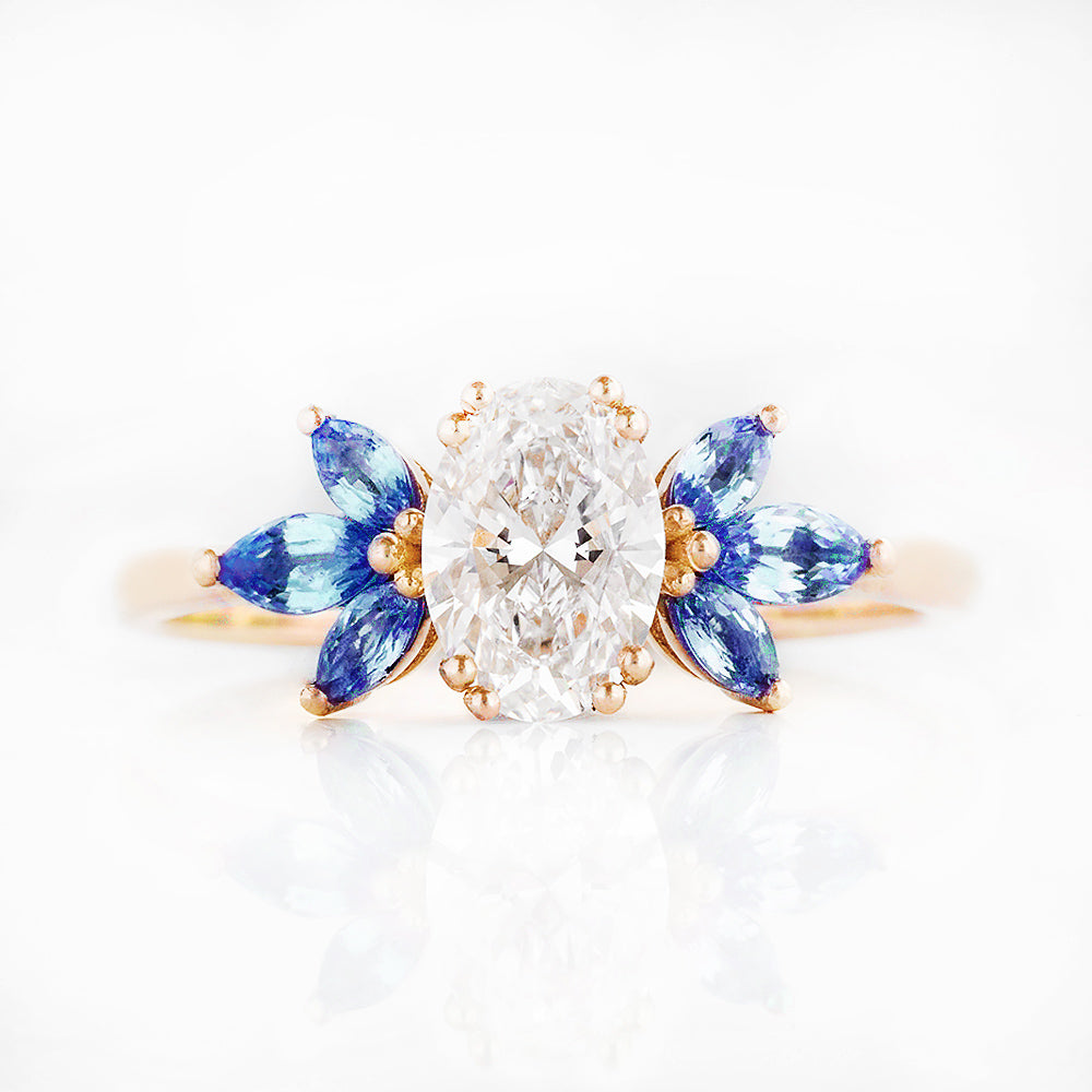 Oval cut Diamond and Blue Sapphire Engagement Ring in Yellow Gold - Victoria's Jewellery