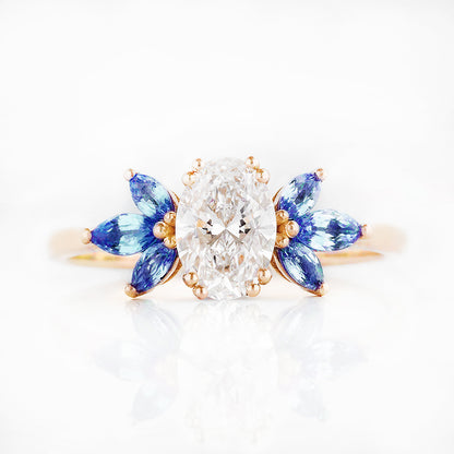 Oval cut Diamond and Blue Sapphire Engagement Ring in Yellow Gold - Victoria's Jewellery