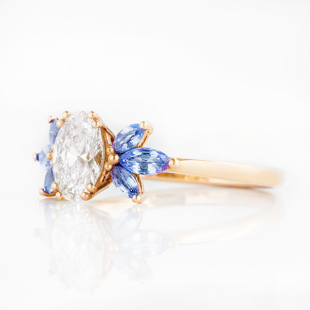 Oval cut Diamond and Blue Sapphire Engagement Ring in Yellow Gold - Victoria's Jewellery