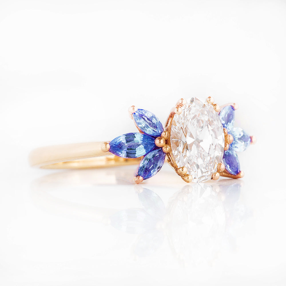Oval cut Diamond and Blue Sapphire Engagement Ring in Yellow Gold - Victoria's Jewellery