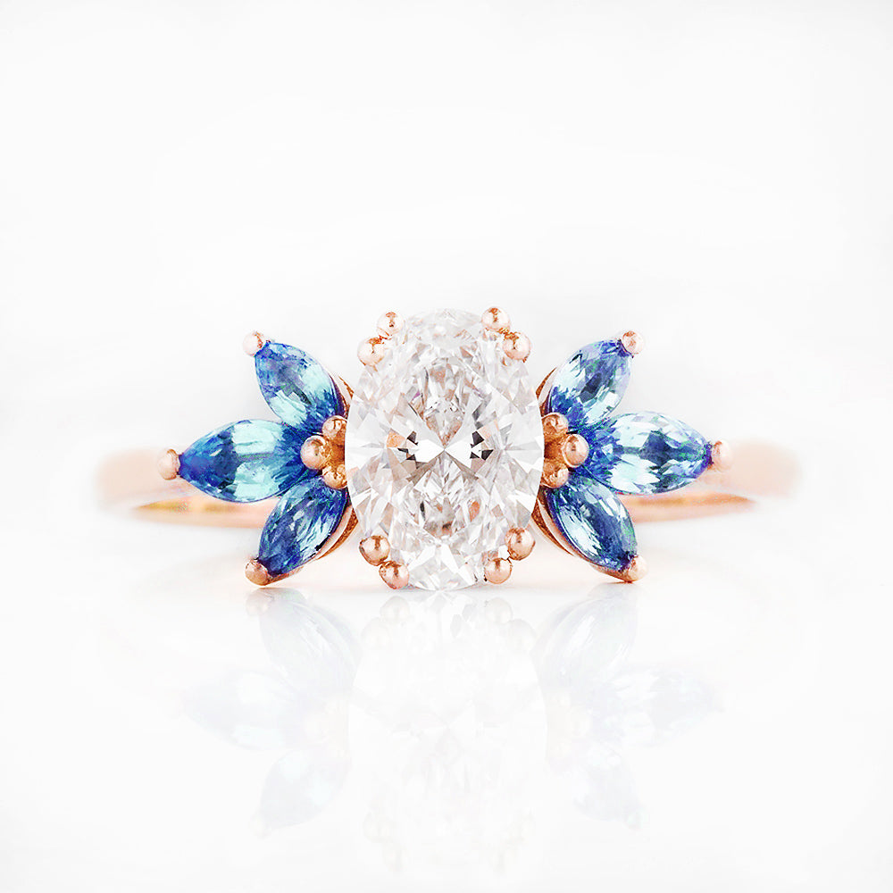 Oval cut Diamond and Blue Sapphire Engagement Ring in Rose Gold - Victoria's Jewellery