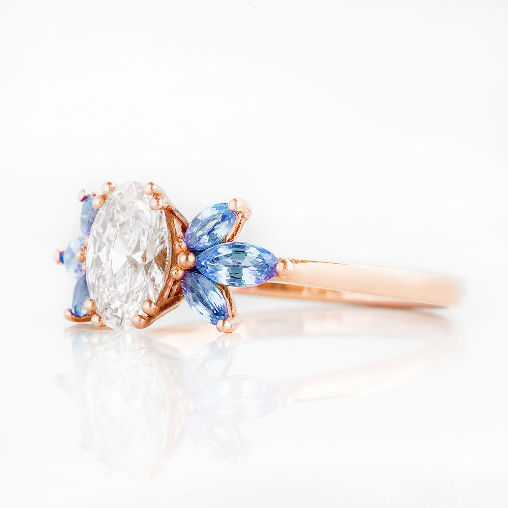 Oval cut Diamond and Blue Sapphire Engagement Ring in Rose Gold - Victoria's Jewellery