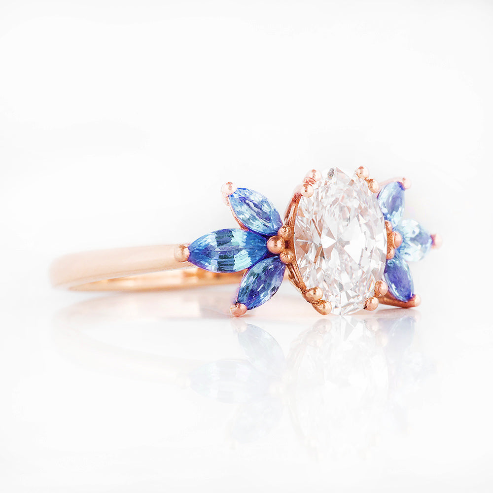 Oval cut Diamond and Blue Sapphire Engagement Ring in Rose Gold - Victoria's Jewellery