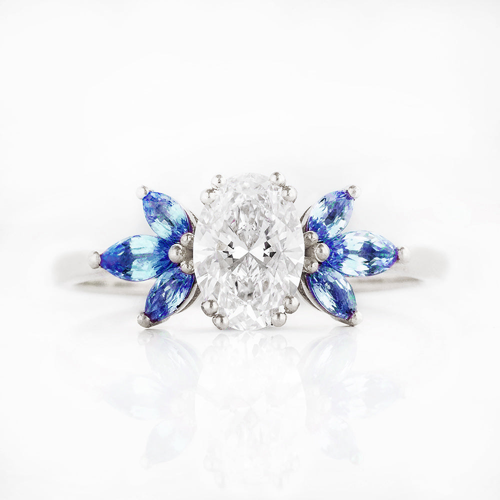 Oval cut Diamond and Blue Sapphire Engagement Ring in White Gold - Victoria's Jewellery