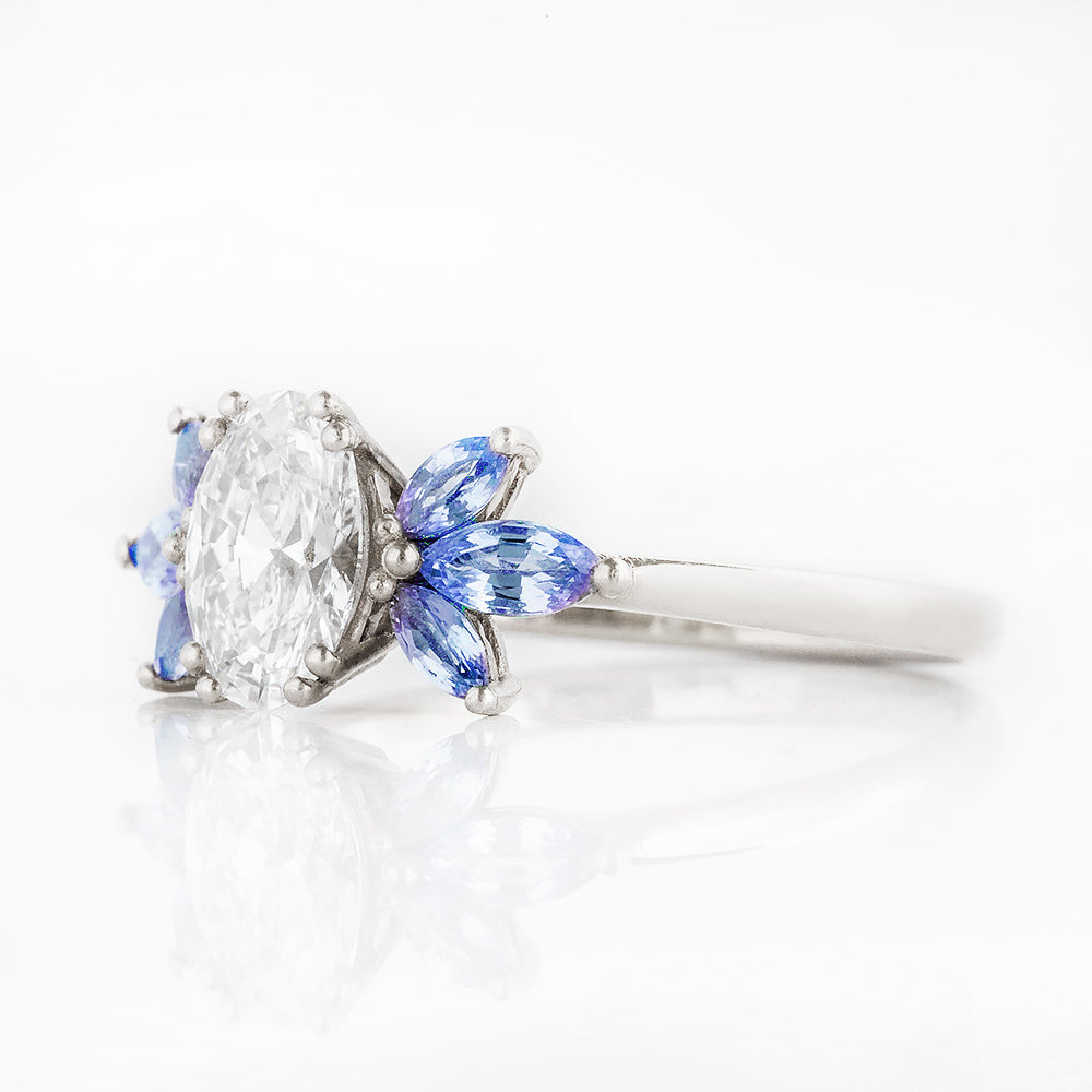 Oval cut Diamond and Blue Sapphire Engagement Ring in White Gold - Victoria's Jewellery