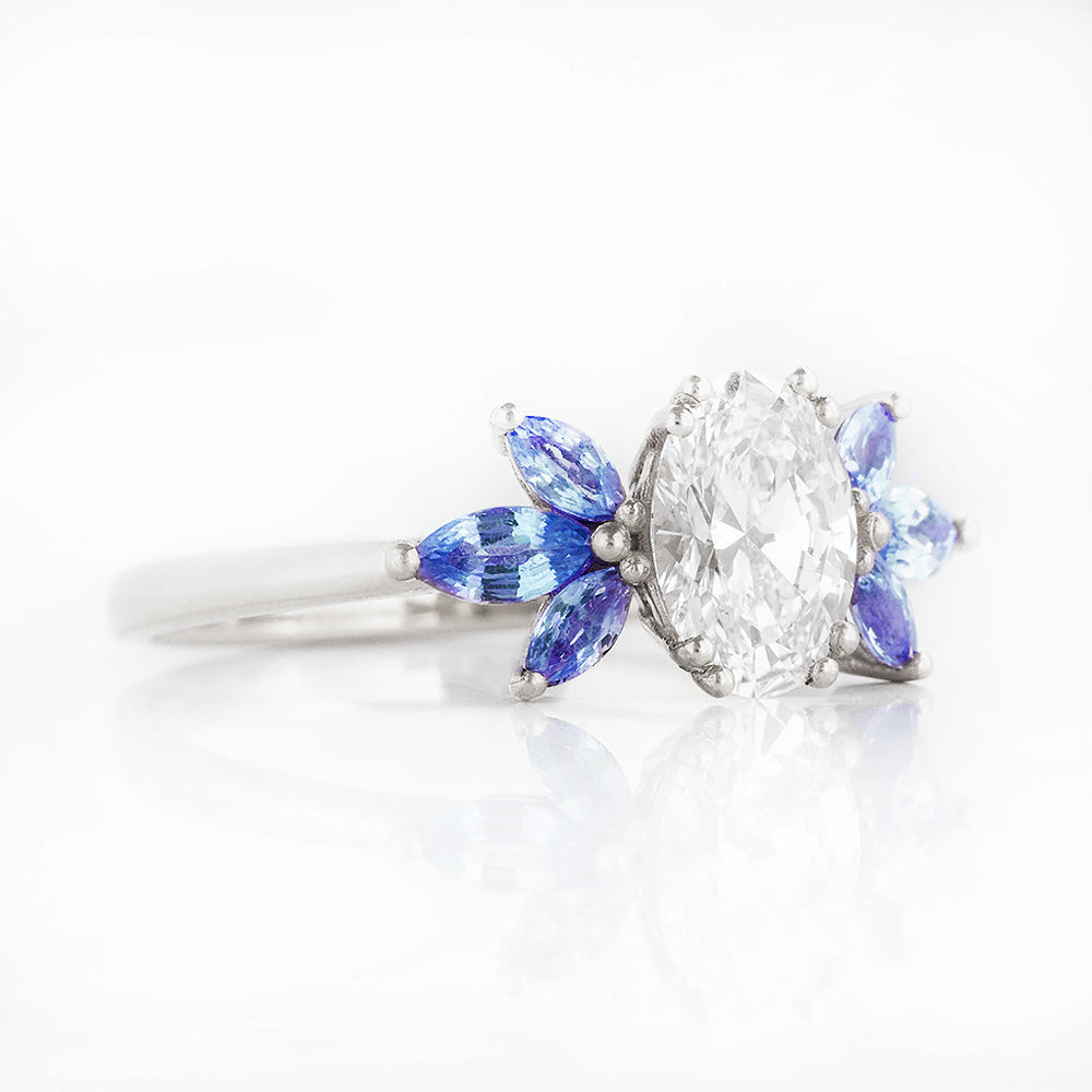 Oval cut Diamond and Blue Sapphire Engagement Ring in White Gold - Victoria's Jewellery