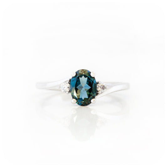 Oval cut London Blue Topaz and Lab Diamond Trilogy Engagement Ring in White Gold - Victoria's Jewellery