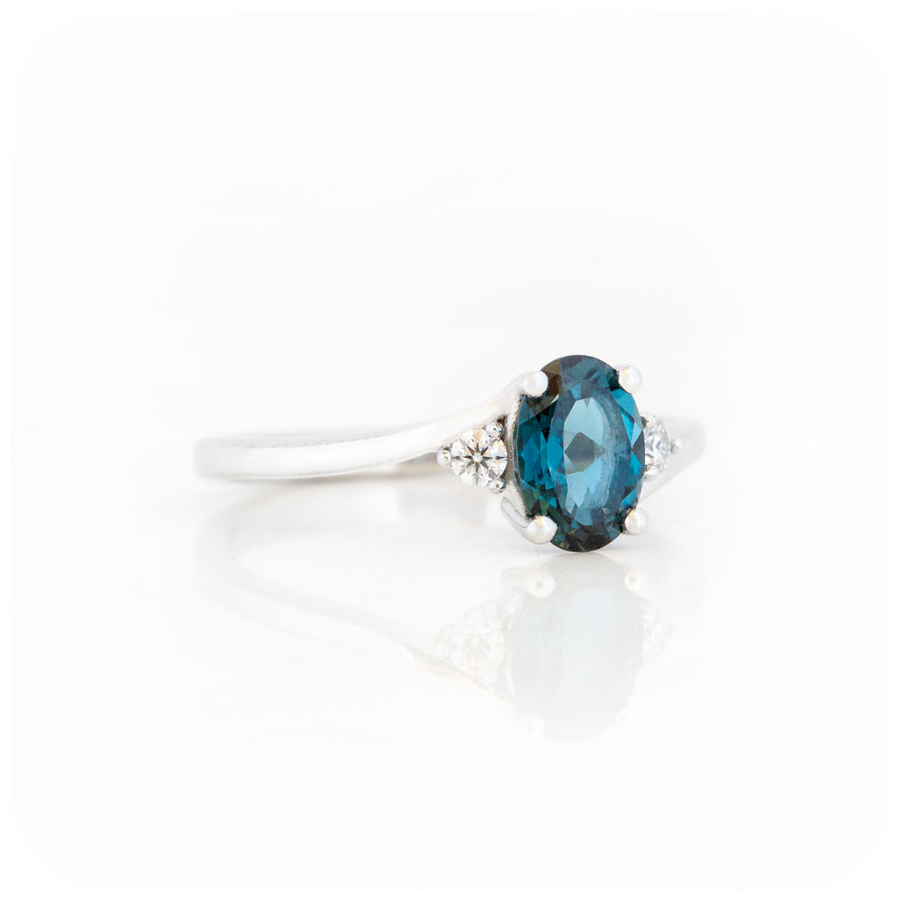 Oval cut London Blue Topaz and Lab Diamond Trilogy Engagement Ring in White Gold - Victoria's Jewellery