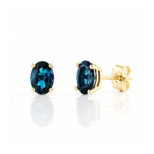 Luna, Oval cut London Blue Topaz Stud Earring - 7x5mm - Victoria's Jewellery