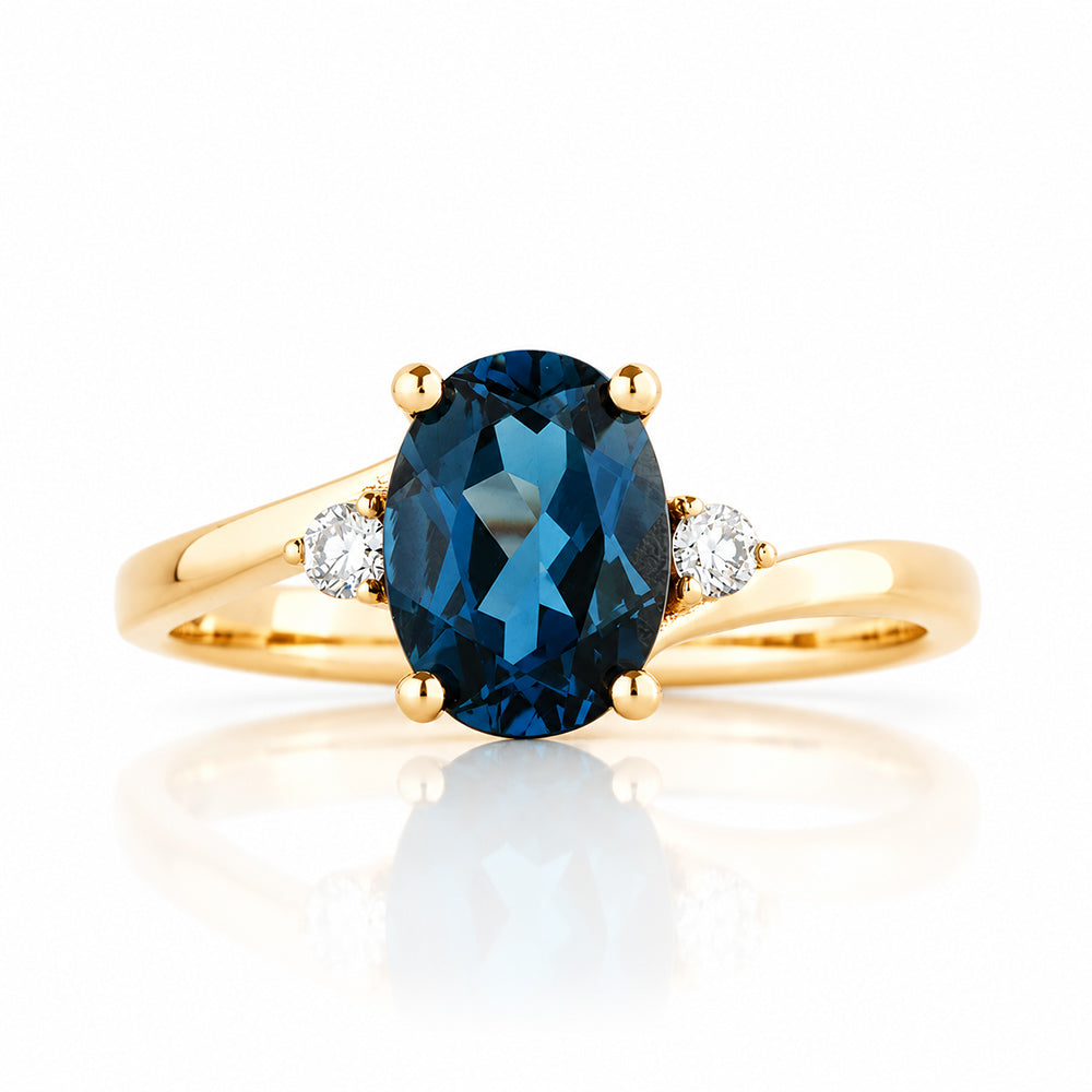 Georgie, a London Blue Topaz and Diamond Trilogy Ring - 8x6mm - Victoria's Jewellery