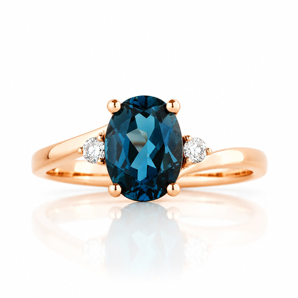 Georgie, a London Blue Topaz and Diamond Trilogy Ring - 8x6mm - Victoria's Jewellery