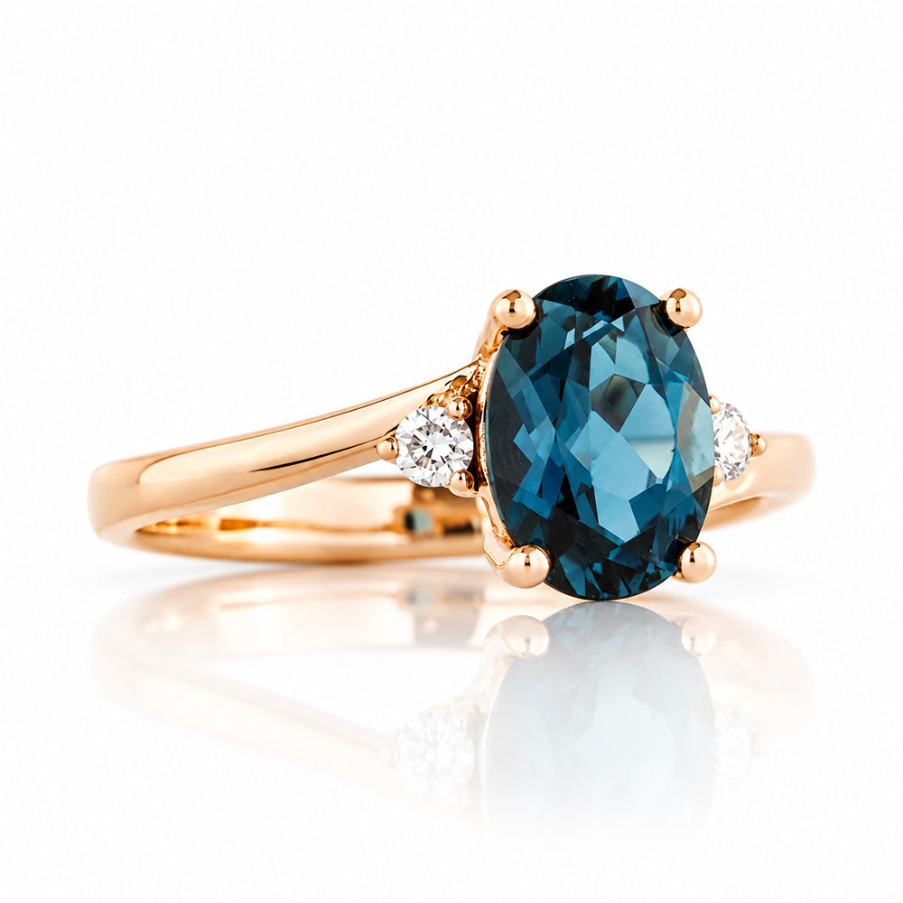 Georgie, a London Blue Topaz and Diamond Trilogy Ring - 8x6mm - Victoria's Jewellery