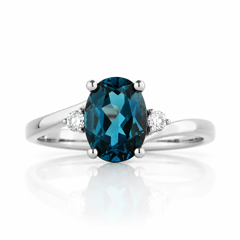 Georgie, a London Blue Topaz and Diamond Trilogy Ring - 8x6mm - Victoria's Jewellery