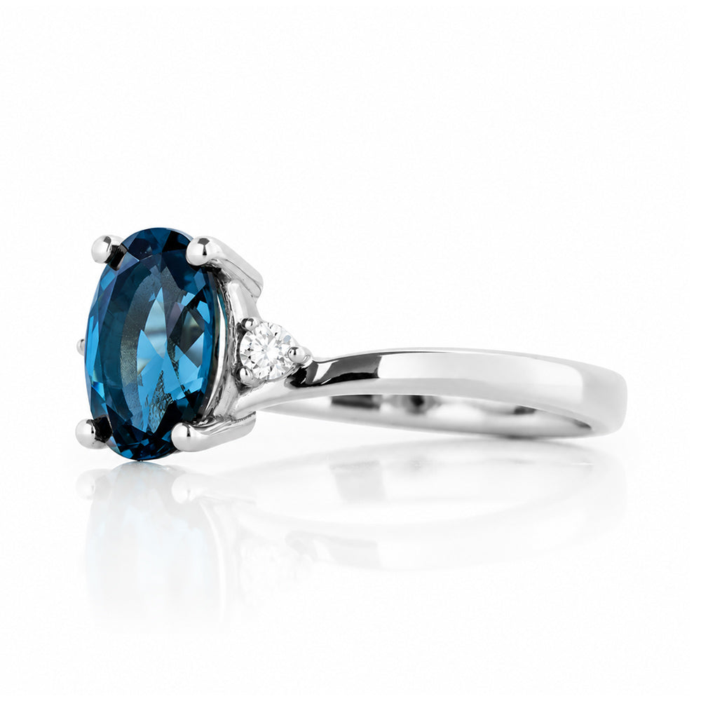 Georgie, a London Blue Topaz and Diamond Trilogy Ring - 8x6mm - Victoria's Jewellery