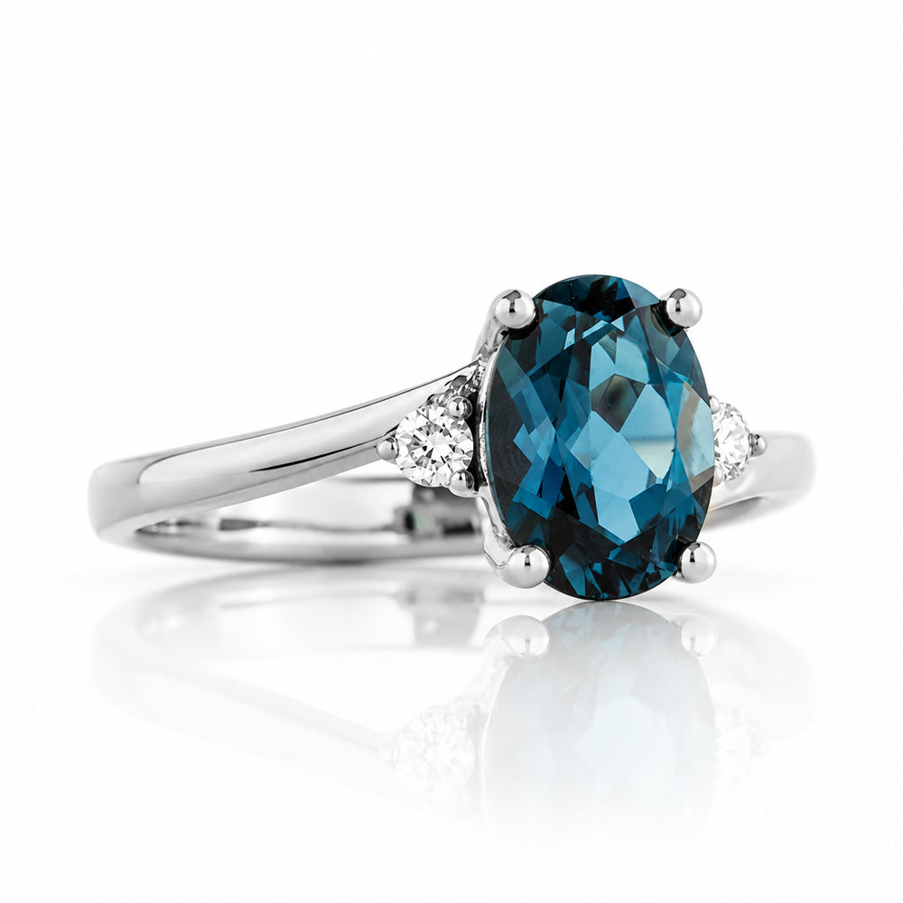 Georgie, a London Blue Topaz and Diamond Trilogy Ring - 8x6mm - Victoria's Jewellery