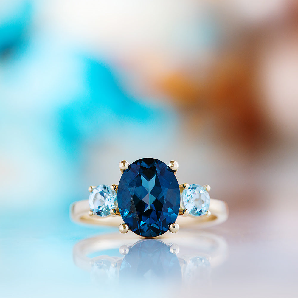 Hallie, an Oval cut London Blue and Sky Blue Topaz Trilogy Ring - Victoria's Jewellery