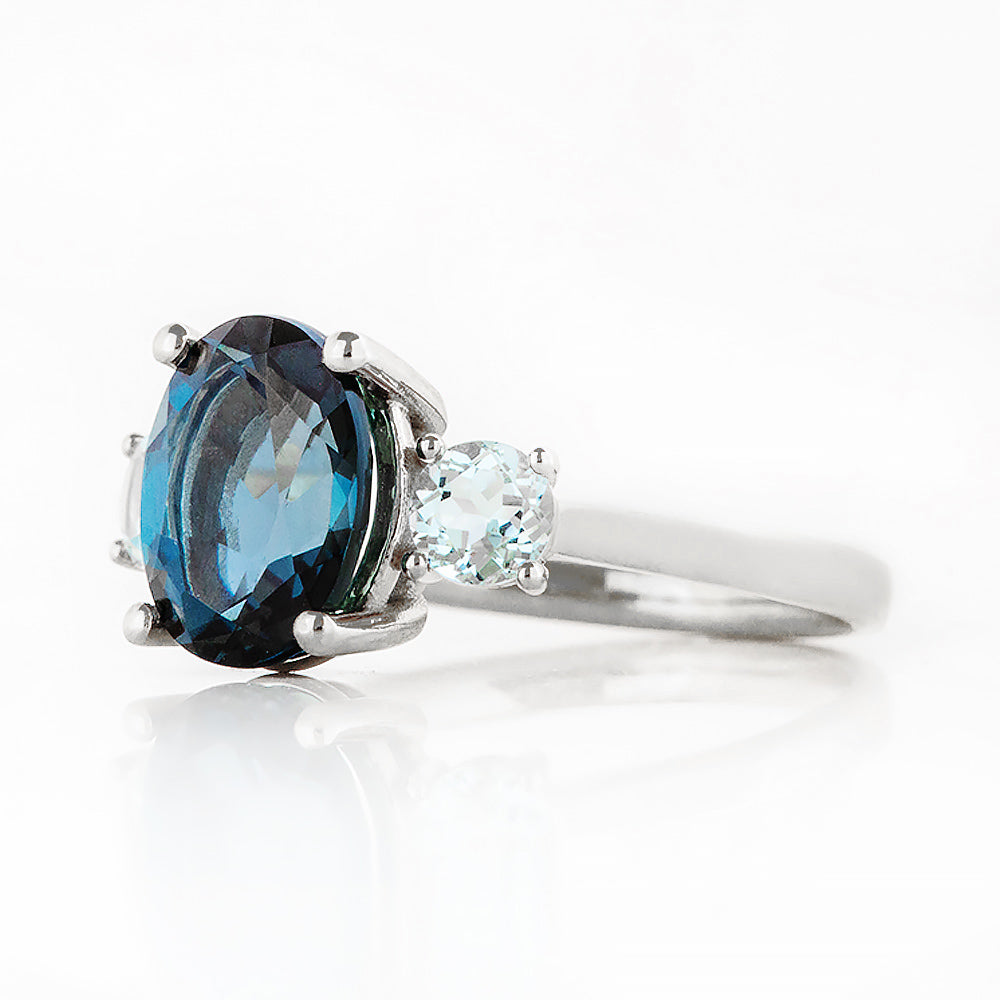 Hallie, an Oval cut London Blue and Sky Blue Topaz Trilogy Ring - Victoria's Jewellery