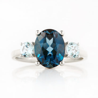 Hallie, an Oval cut London Blue and Sky Blue Topaz Trilogy Ring - Victoria's Jewellery