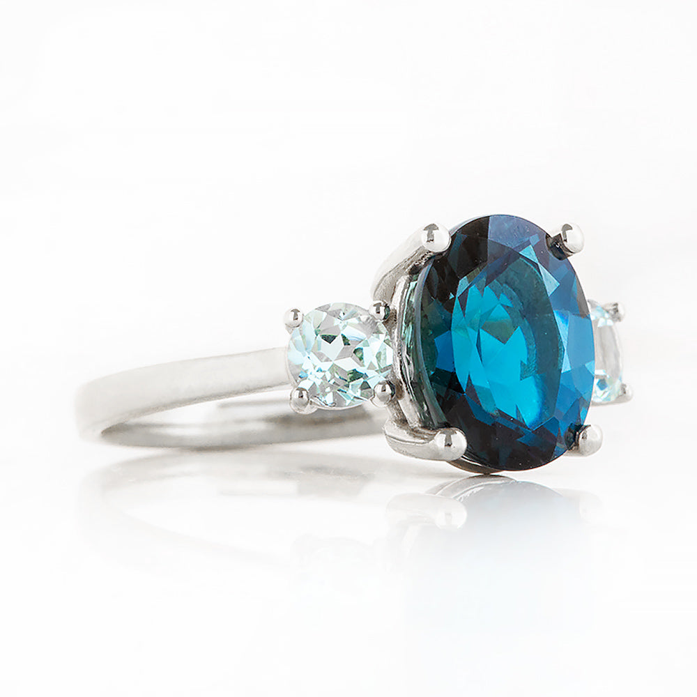Hallie, an Oval cut London Blue and Sky Blue Topaz Trilogy Ring - Victoria's Jewellery