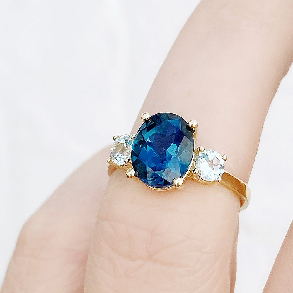 Hallie, an Oval cut London Blue and Sky Blue Topaz Trilogy Ring - Victoria's Jewellery
