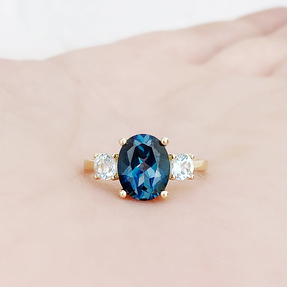 Hallie, an Oval cut London Blue and Sky Blue Topaz Trilogy Ring - Victoria's Jewellery