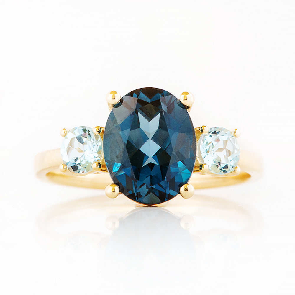 Hallie, an Oval cut London Blue and Sky Blue Topaz Trilogy Ring - Victoria's Jewellery