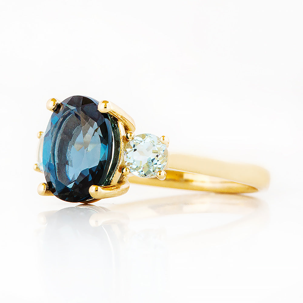 Hallie, an Oval cut London Blue and Sky Blue Topaz Trilogy Ring - Victoria's Jewellery
