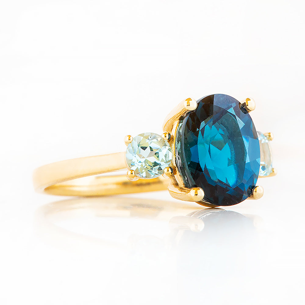 Hallie, an Oval cut London Blue and Sky Blue Topaz Trilogy Ring - Victoria's Jewellery