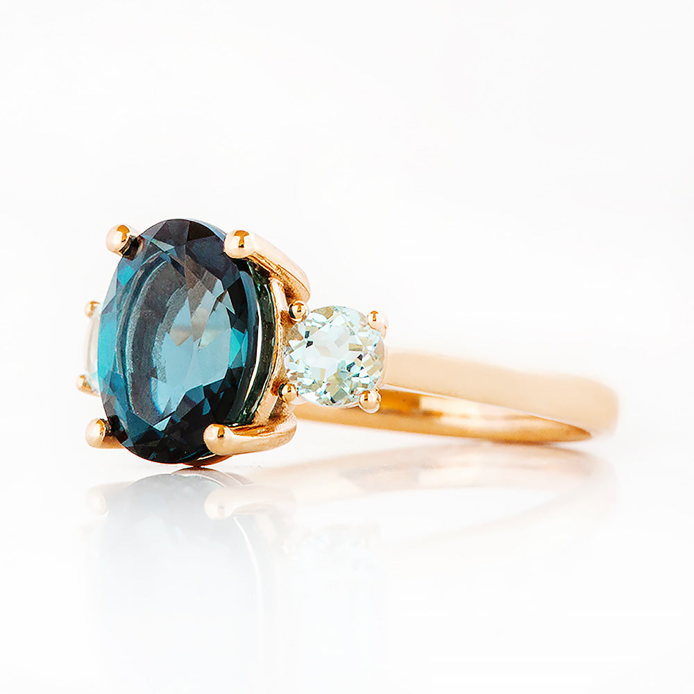Hallie, an Oval cut London Blue and Sky Blue Topaz Trilogy Ring - Victoria's Jewellery