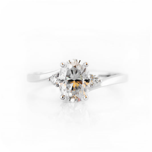 Oval cut Moissanite Trilogy Engagement Ring in White Gold - Victoria's Jewellery