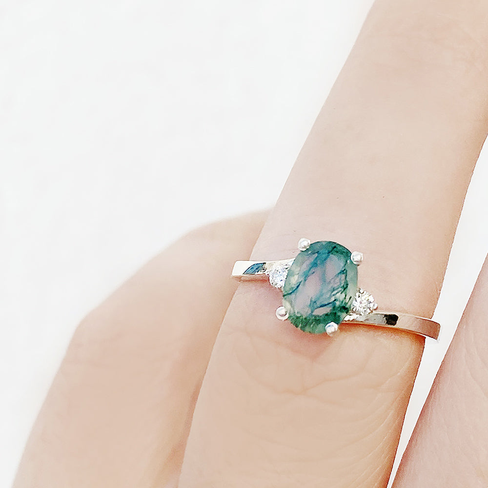 Georgie, a Moss Agate  and Diamond Trilogy Ring - 8x6mm