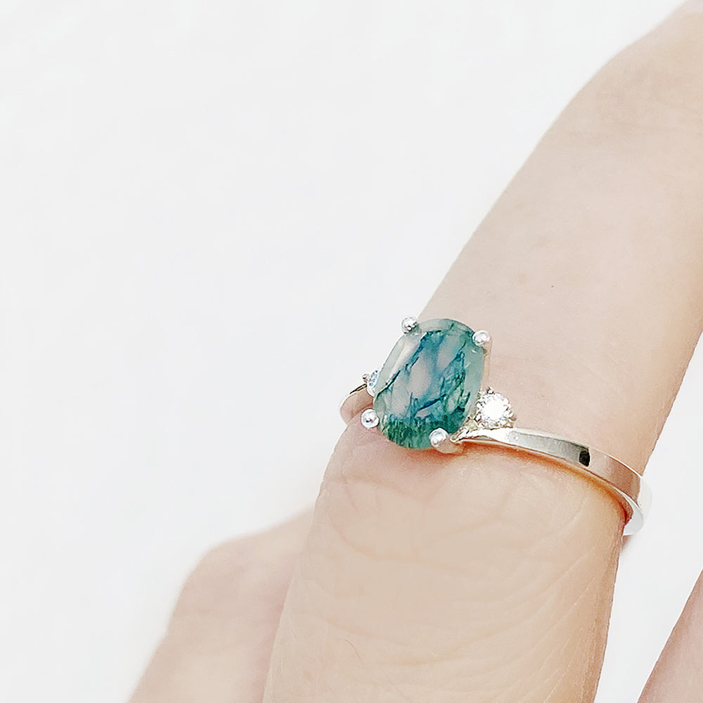 Georgie, a Moss Agate  and Diamond Trilogy Ring - 8x6mm