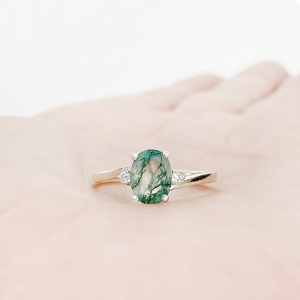 Georgie, a Moss Agate  and Diamond Trilogy Ring - 8x6mm