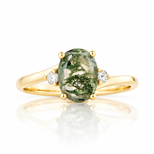 Georgie, a Moss Agate  and Diamond Trilogy Ring - 8x6mm