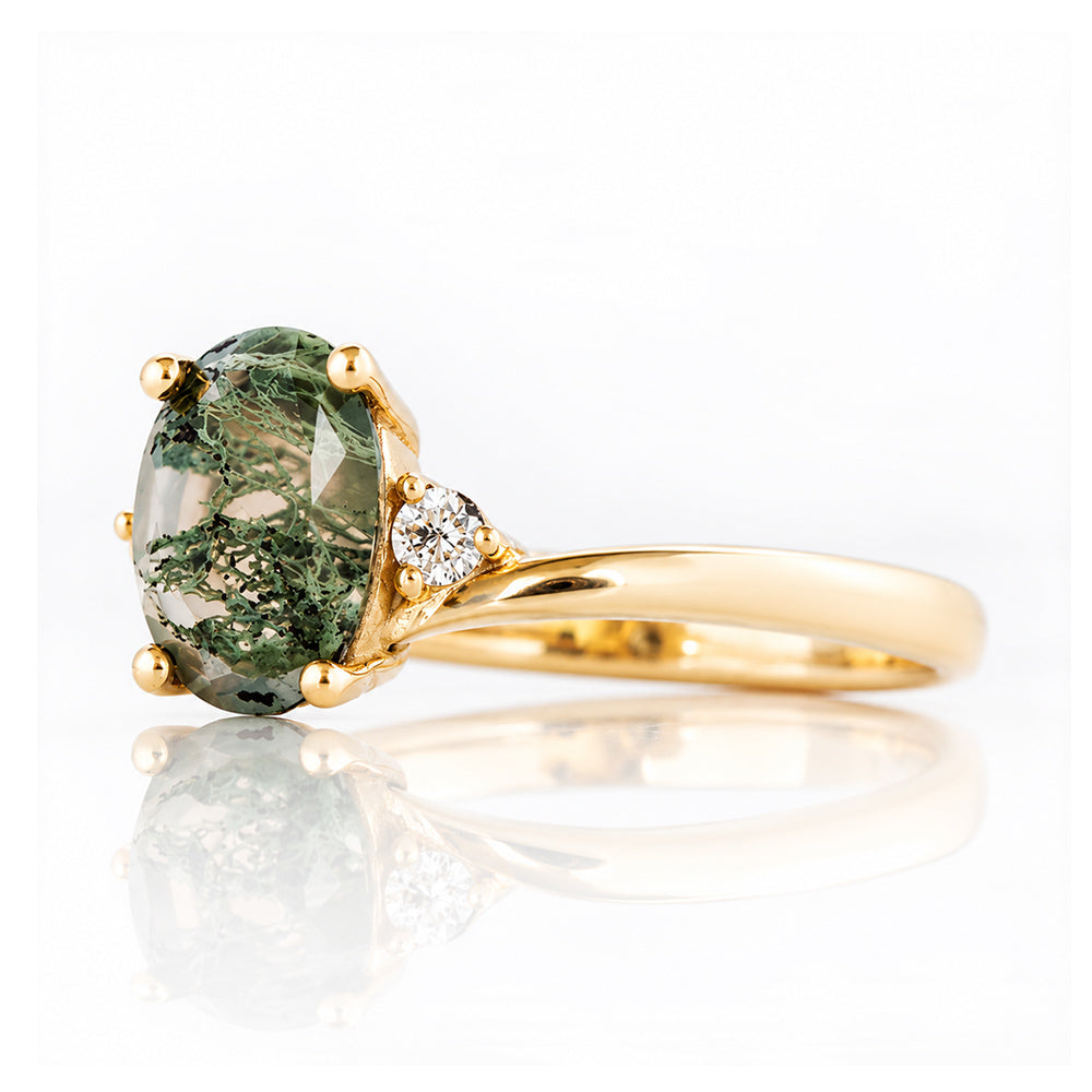 Georgie, a Moss Agate  and Diamond Trilogy Ring - 8x6mm