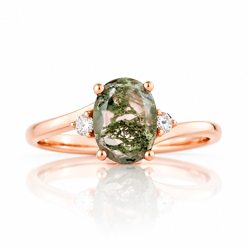 Georgie, a Moss Agate  and Diamond Trilogy Ring - 8x6mm