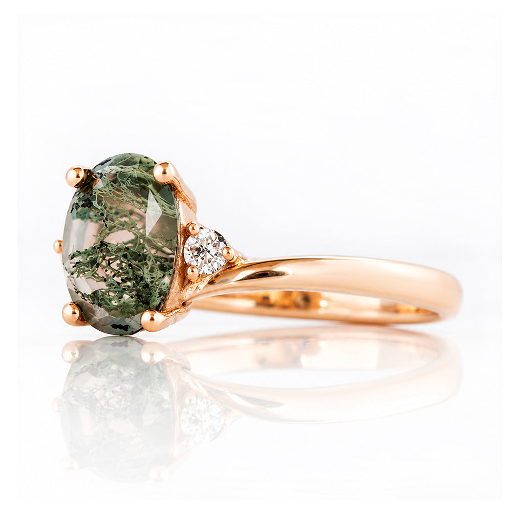 Georgie, a Moss Agate  and Diamond Trilogy Ring - 8x6mm