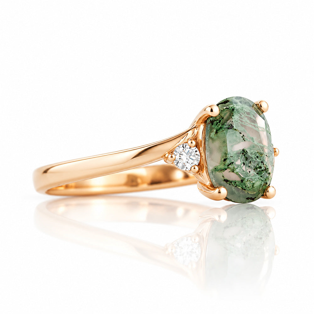 Georgie, a Moss Agate  and Diamond Trilogy Ring - 8x6mm
