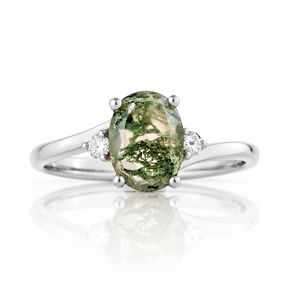 Georgie, a Moss Agate  and Diamond Trilogy Ring - 8x6mm