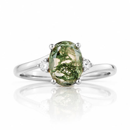 Georgie, a Moss Agate  and Diamond Trilogy Ring - 8x6mm