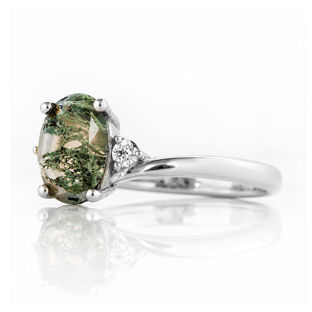 Georgie, a Moss Agate  and Diamond Trilogy Ring - 8x6mm