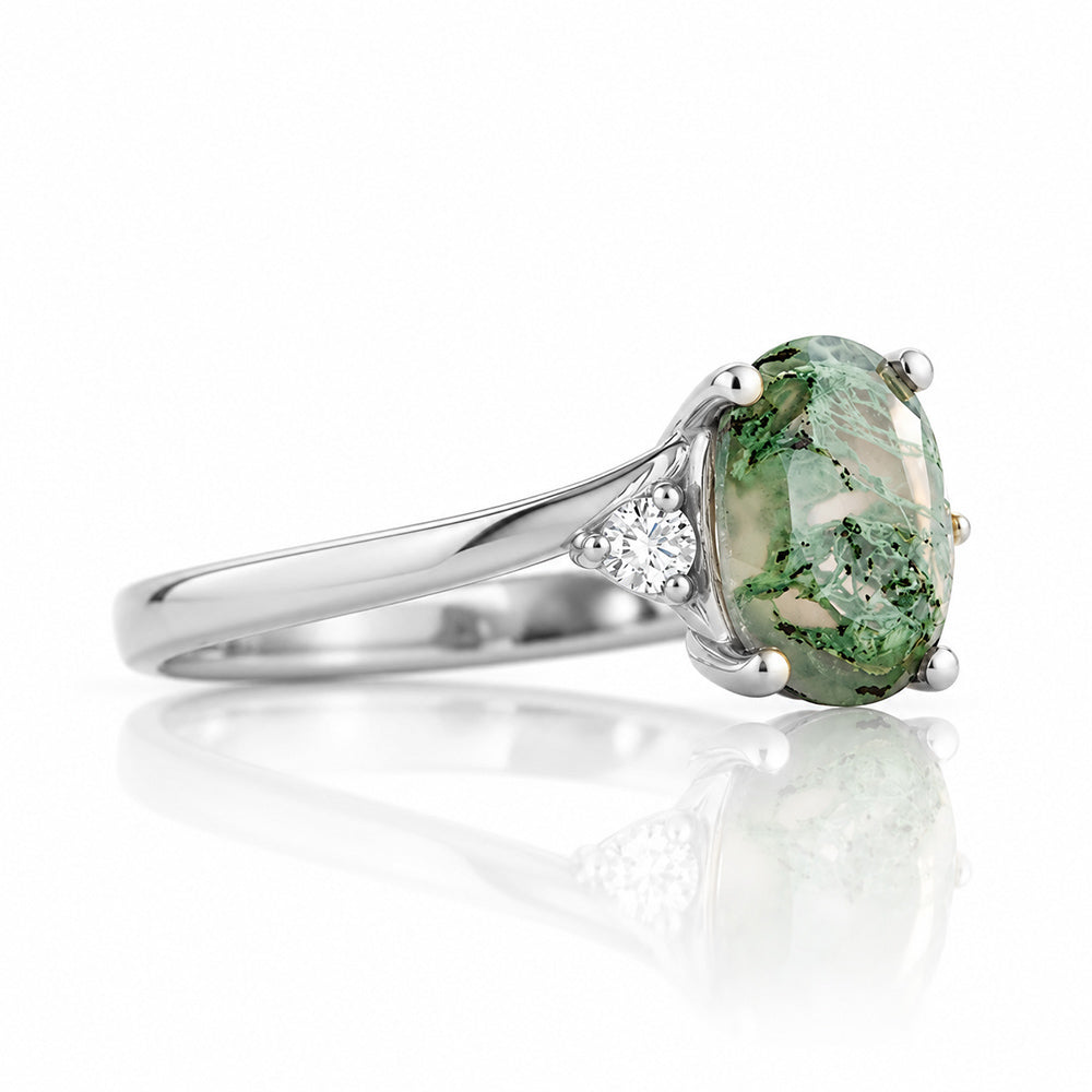 Georgie, a Moss Agate  and Diamond Trilogy Ring - 8x6mm