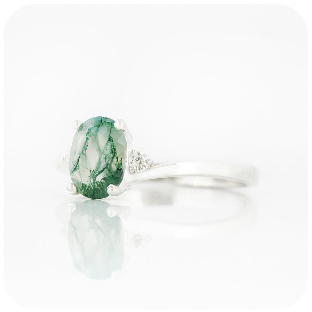 Oval cut Moss Agate and Moissanite Trilogy Engagement Ring - Victoria's Jewellery