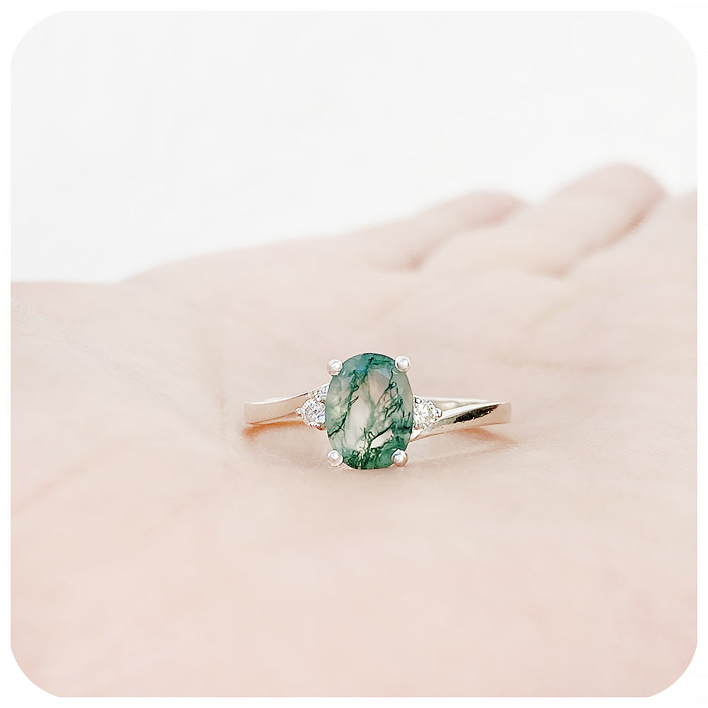 Oval cut Moss Agate and Moissanite Trilogy Engagement Ring - Victoria's Jewellery